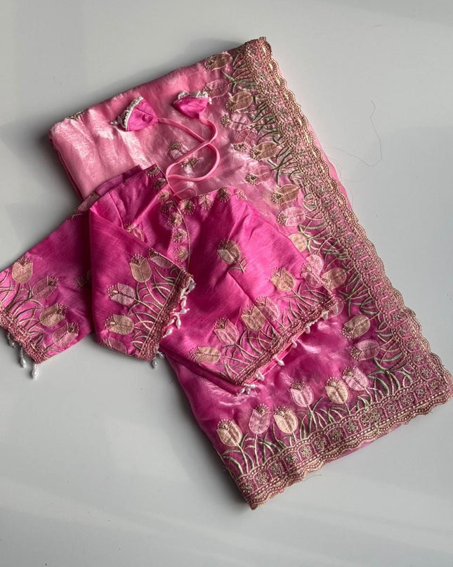 Duel shade classy Embroidery work saree with stitched Blouse