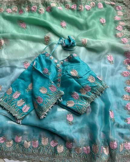 Duel shade classy Embroidery work saree with stitched Blouse