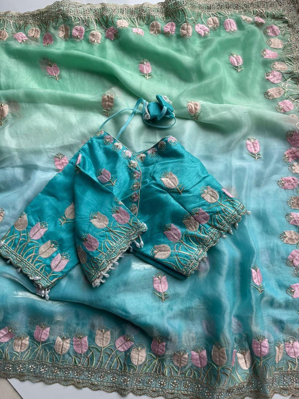 Dual Shade Classy Embroidery Work Saree with Stitched Blouse