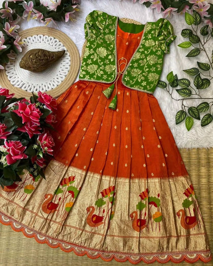 Kids Gown With Coat Pure Tissue Silk Fabric