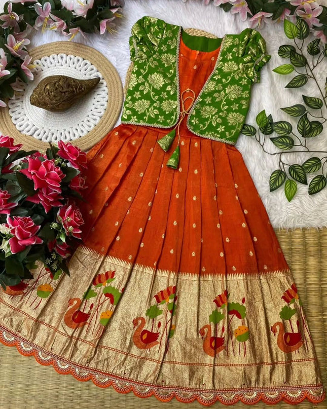 Kids Gown With Coat Pure Tissue Silk Fabric