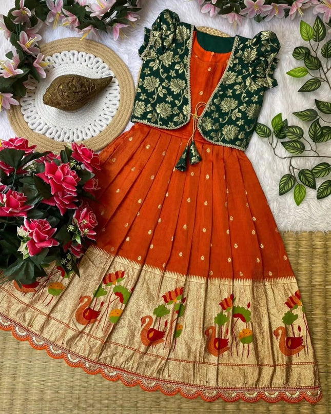 Kids Gown With Coat Pure Tissue Silk Fabric