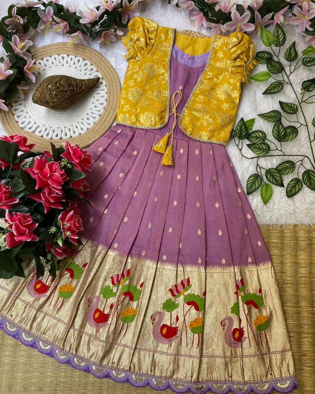 Kids Gown With Coat Pure Tissue Silk Fabric