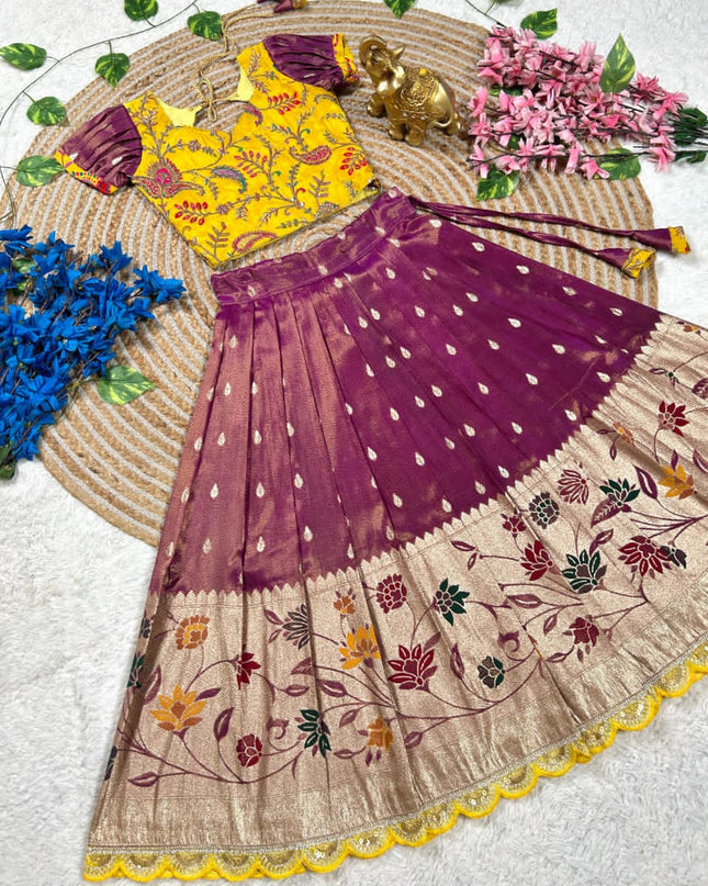 Beautiful Flower Position Work blouse paired with Golden zari Pure Tissue skirt