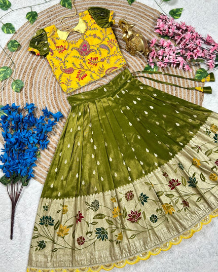 Beautiful Flower Position Work blouse paired with Golden zari Pure Tissue skirt