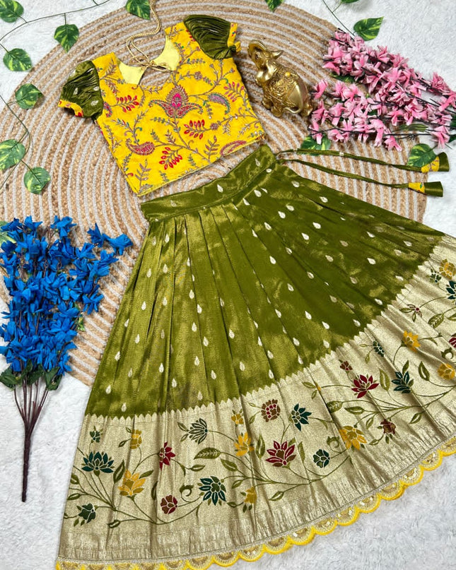 Beautiful Flower Position Work blouse paired with Golden zari Pure Tissue skirt