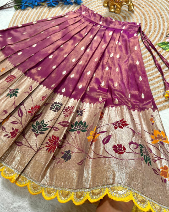 Beautiful Flower Position Work blouse paired with Golden zari Pure Tissue skirt