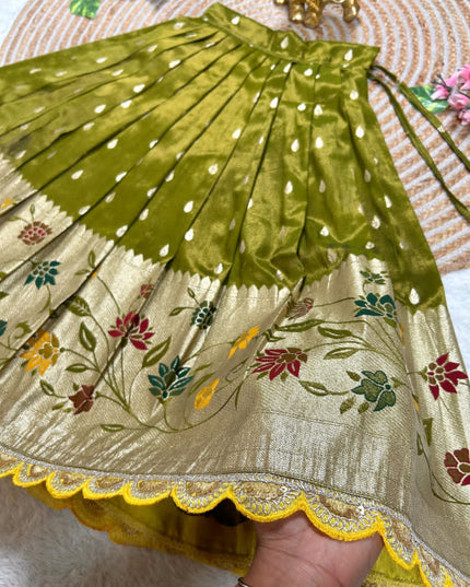 Beautiful Flower Position Work blouse paired with Golden zari Pure Tissue skirt