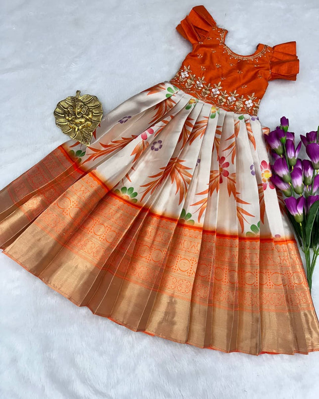 full stiched pure  silk febric with   heavy digital print work  border Kids gown