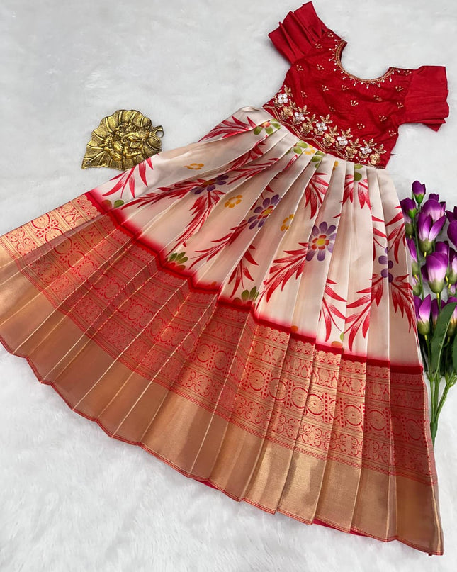 full stiched pure  silk febric with   heavy digital print work  border Kids gown