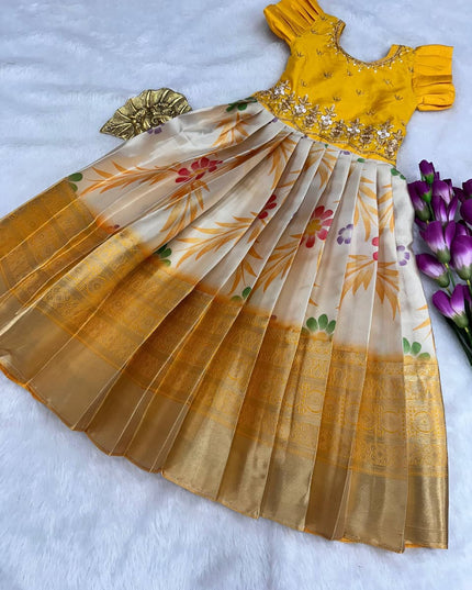 full stiched pure  silk febric with   heavy digital print work  border Kids gown