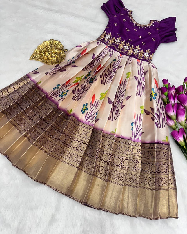 full stiched pure  silk febric with   heavy digital print work  border Kids gown