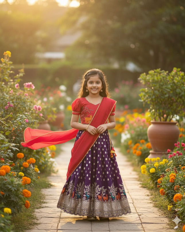 Beautiful Deer-Duck Maggam Work blouse paired with Golden zari Pure Tissue skirt