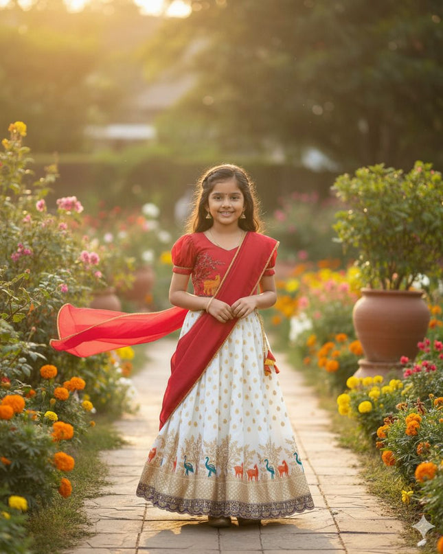Beautiful Deer-Duck Maggam Work blouse paired with Golden zari Pure Tissue skirt