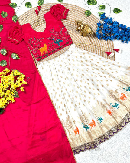 Beautiful Deer-Duck Maggam Work blouse paired with Golden zari Pure Tissue skirt