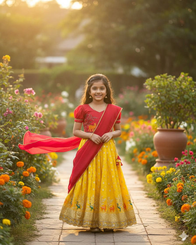 Beautiful Deer-Duck Maggam Work blouse paired with Golden zari Pure Tissue skirt