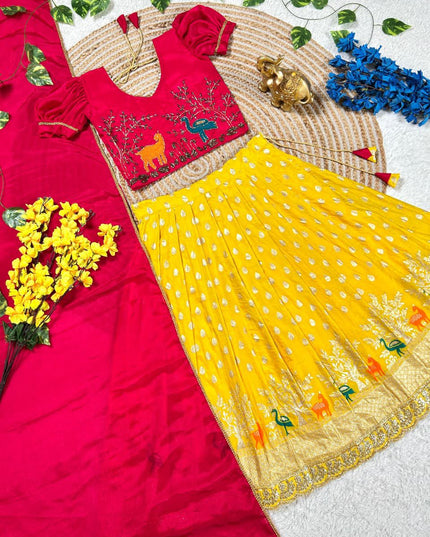 Beautiful Deer-Duck Maggam Work blouse paired with Golden zari Pure Tissue skirt