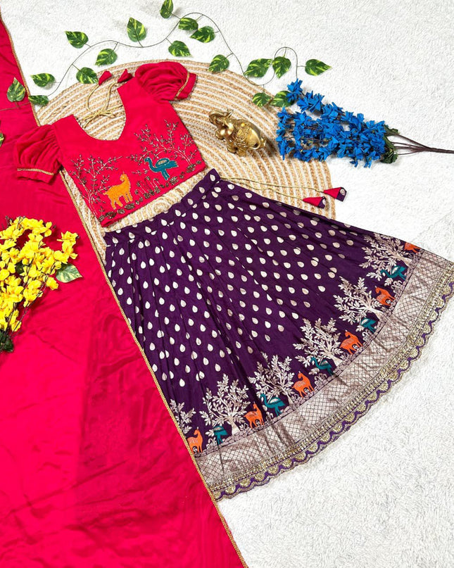 Beautiful Deer-Duck Maggam Work blouse paired with Golden zari Pure Tissue skirt