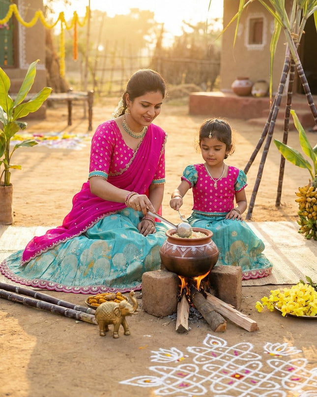 Pongal Mother-daughter Duo💜🩵🧡💚