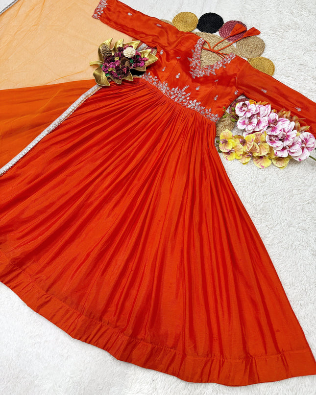 Beautiful Soft Chinnon Sequins Embroidery Gown With Dupatta