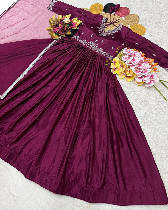 Beautiful Soft Chinnon Sequins Embroidery Gown With Dupatta