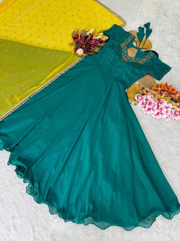 Maggam Work Vichitra Silk Gown with Dupatta