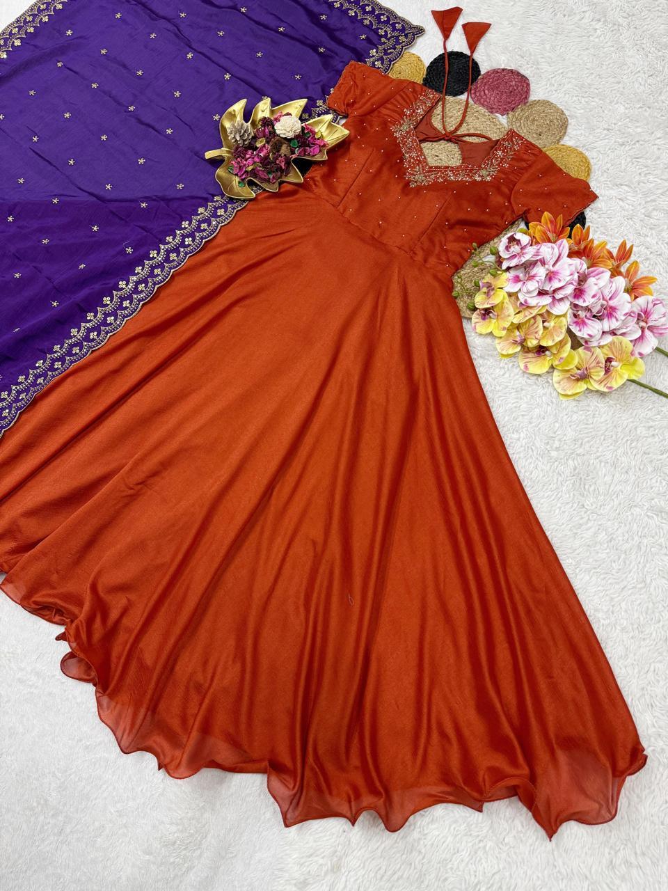Maggam Work Vichitra Silk Gown with Dupatta