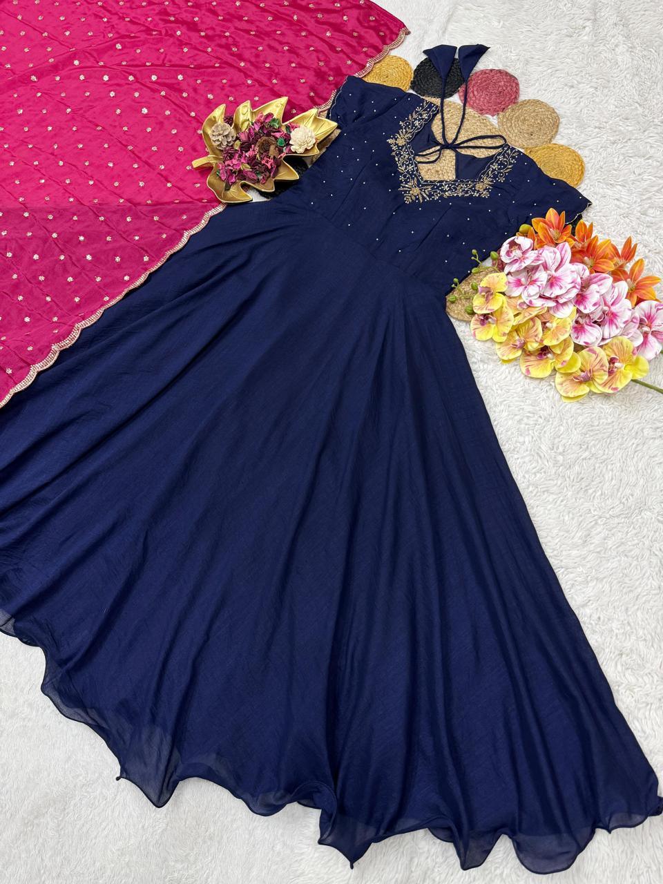 Maggam Work Vichitra Silk Gown with Dupatta