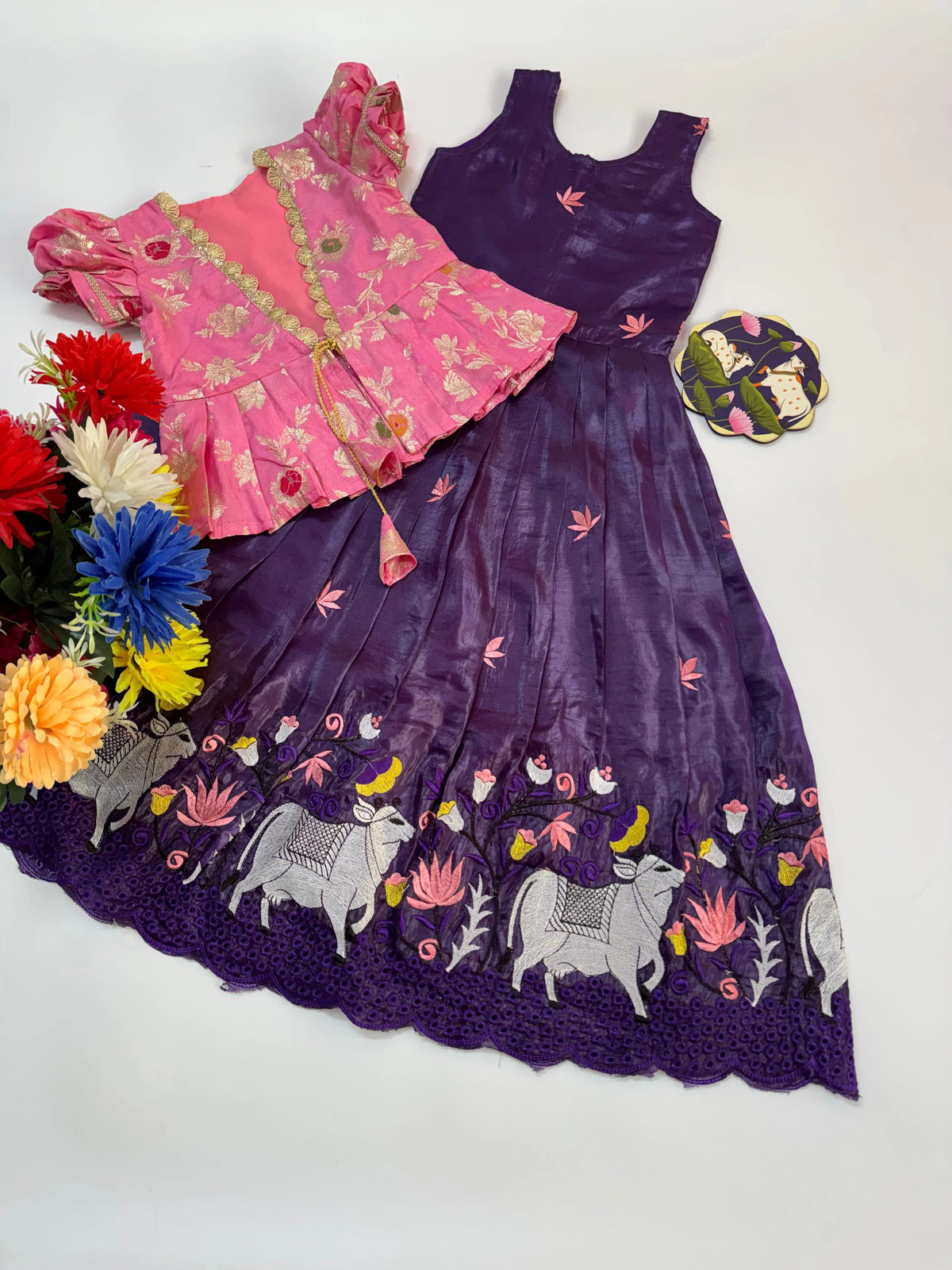 Cow Pichwai Embroidery Kids Gown with Coat
