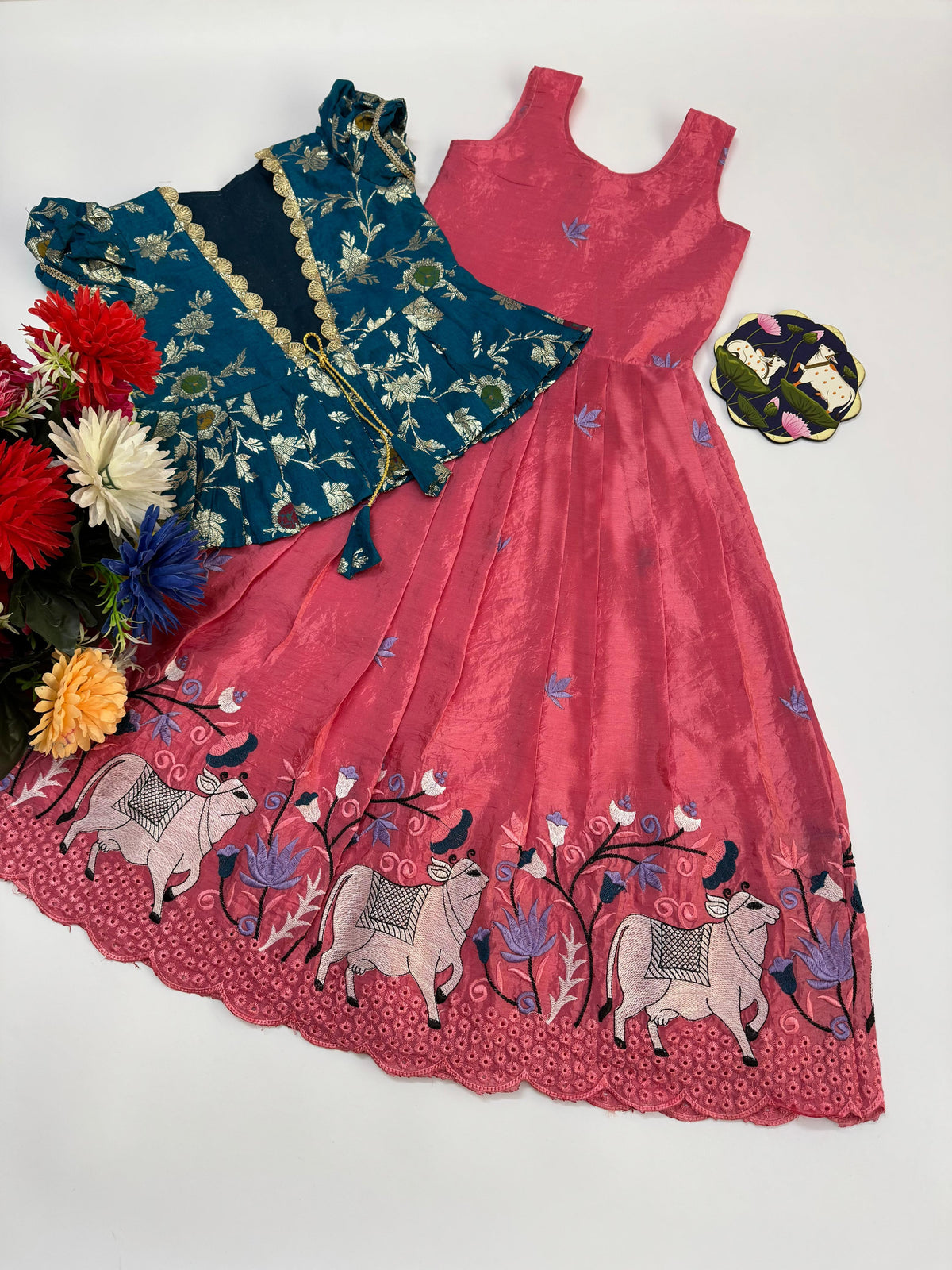 Cow Pichwai Embroidery Kids Gown with Coat