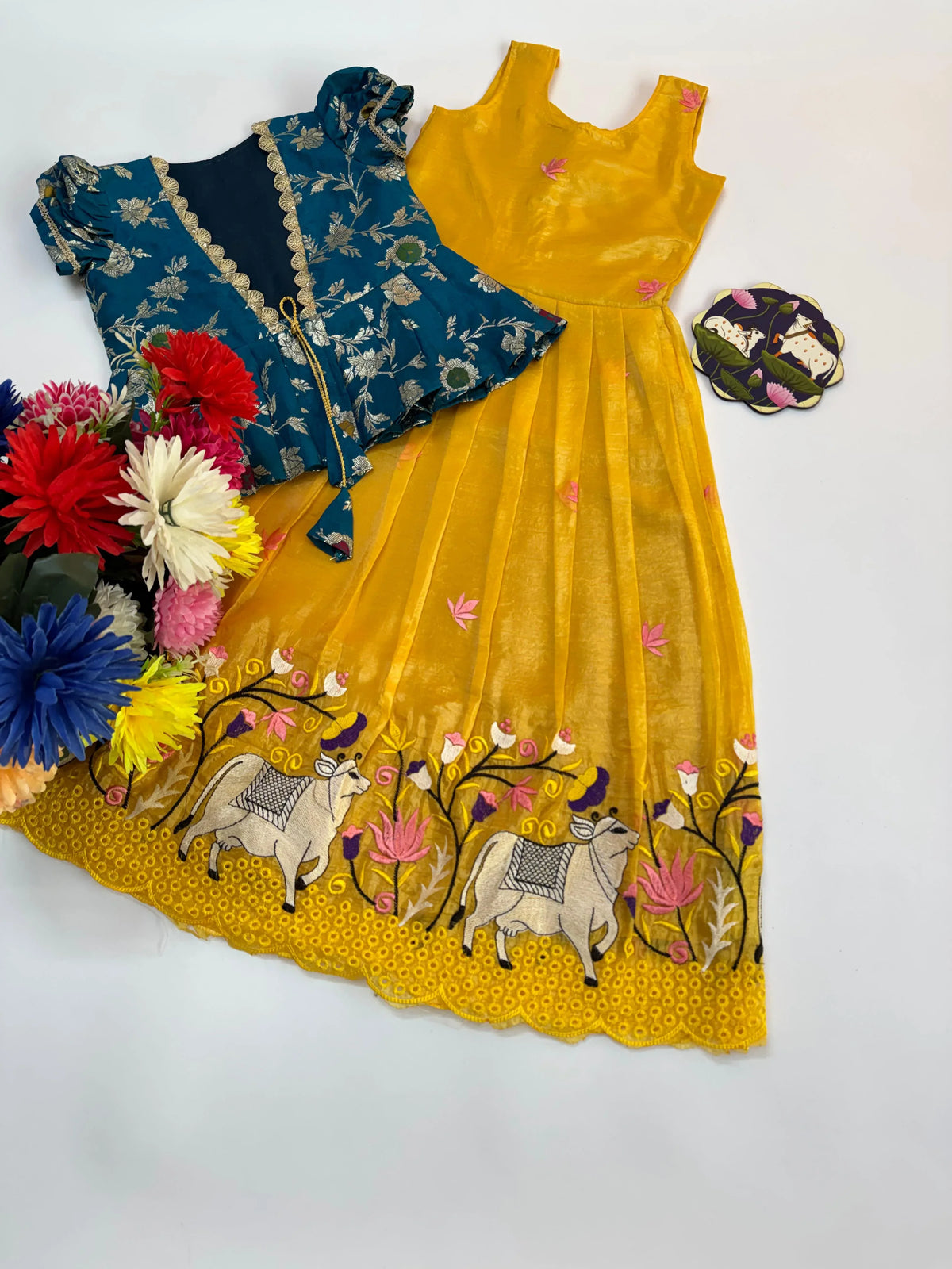 Cow Pichwai Embroidery Kids Gown with Coat