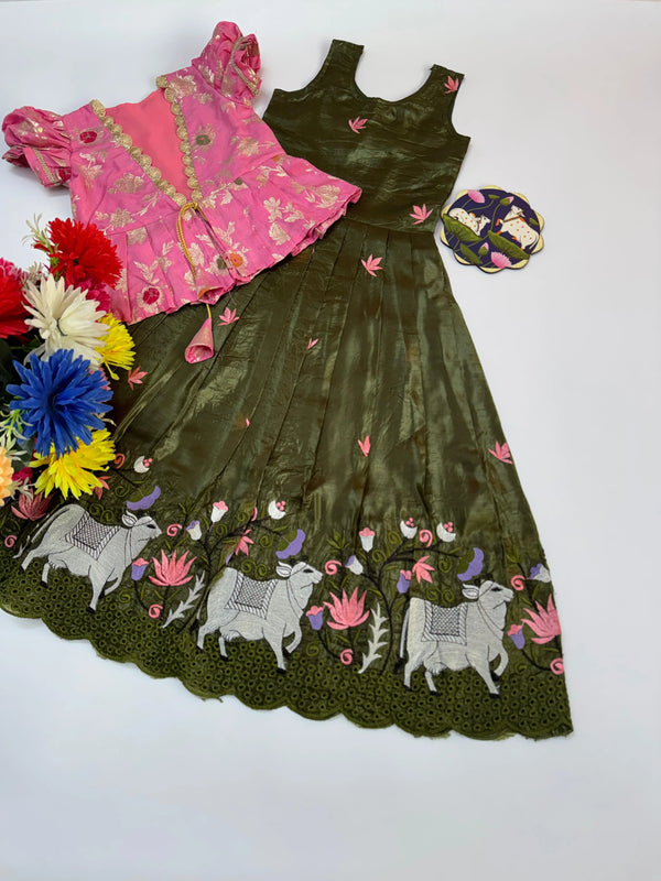 Cow Pichwai Embroidery Kids Gown with Coat