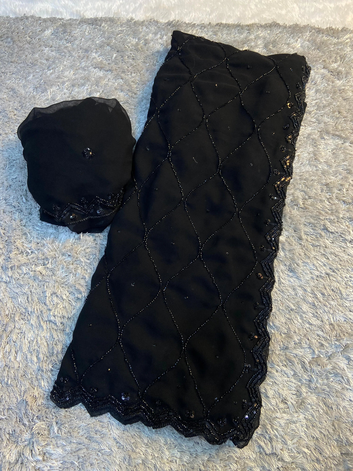Black Beauty Georgette Beads Work Party Wear Saree