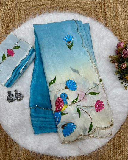 Parrot Brush Printed Gold Crush Saree