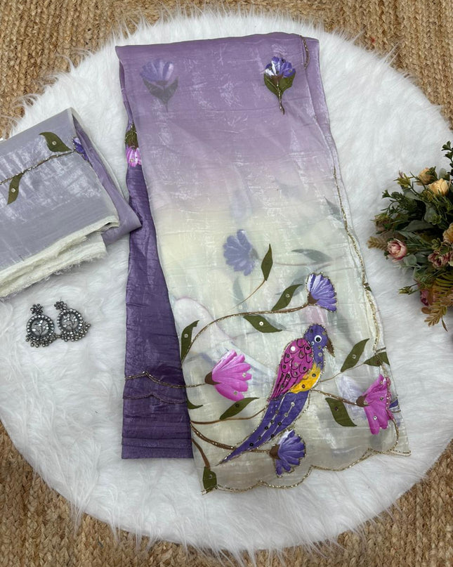 Parrot Brush Printed Gold Crush Saree