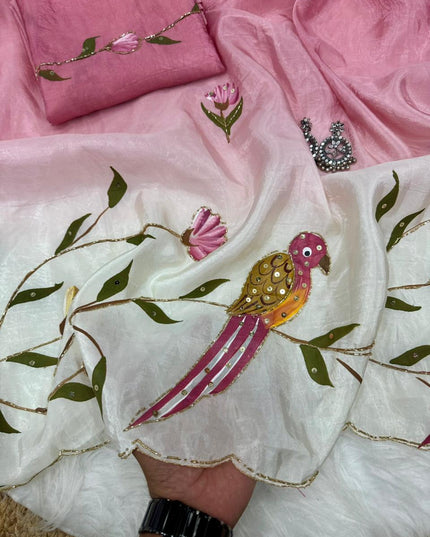 Parrot Brush Printed Gold Crush Saree