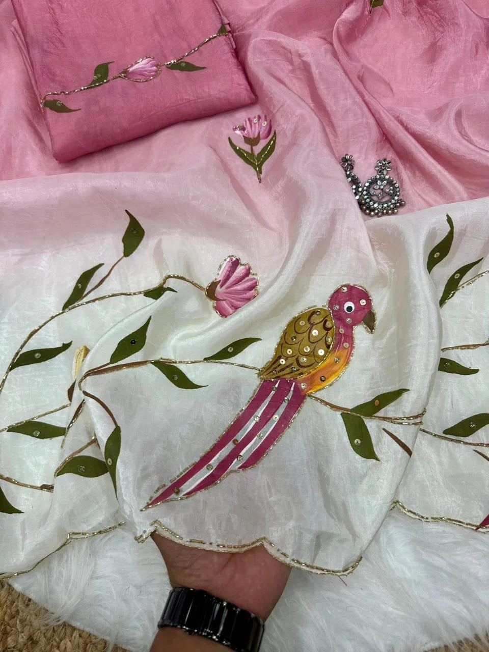 Parrot Brush Printed Gold Crush Saree