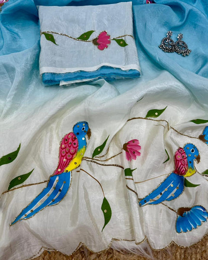 Parrot Brush Printed Gold Crush Saree