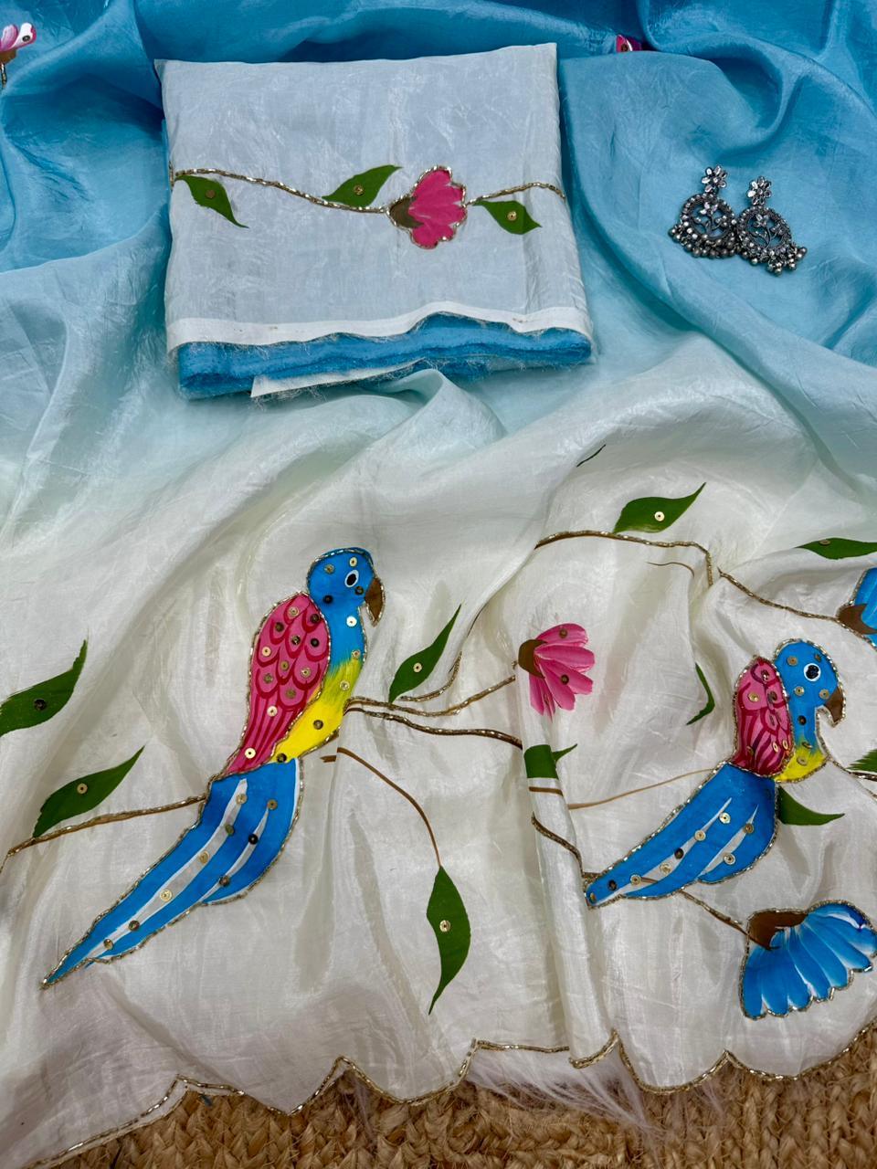 Parrot Brush Printed Gold Crush Saree