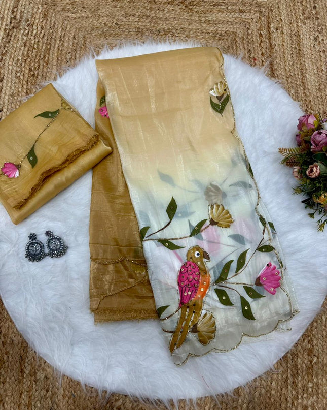 Parrot Brush Printed Gold Crush Saree