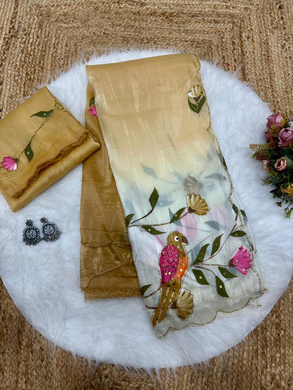 Parrot Brush Printed Gold Crush Saree
