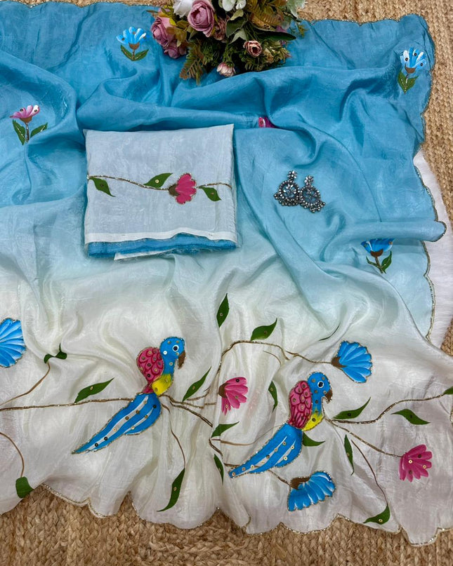 Parrot Brush Printed Gold Crush Saree