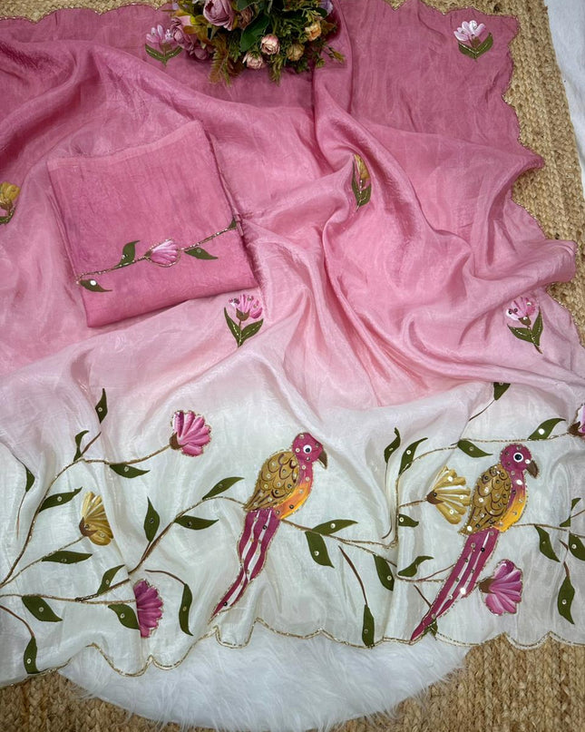 Parrot Brush Printed Gold Crush Saree