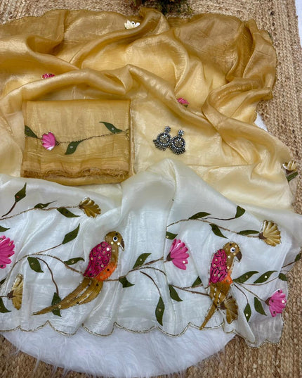 Parrot Brush Printed Gold Crush Saree