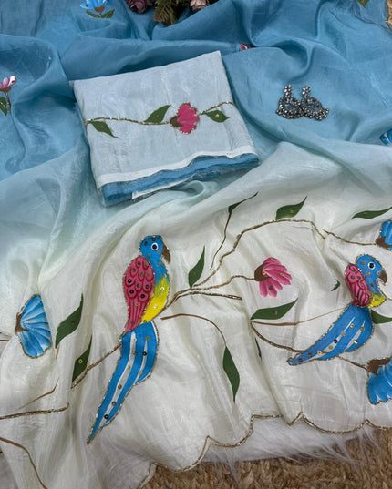 Parrot Brush Printed Gold Crush Saree