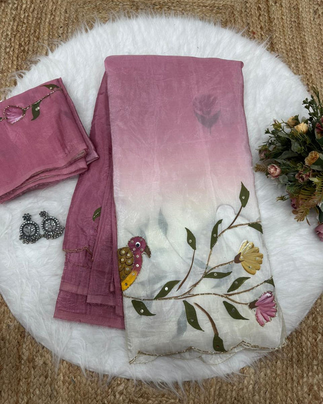 Parrot Brush Printed Gold Crush Saree