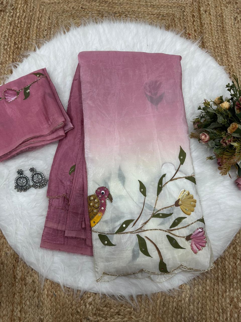 Parrot Brush Printed Gold Crush Saree