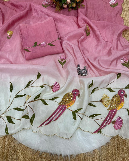 Parrot Brush Printed Gold Crush Saree