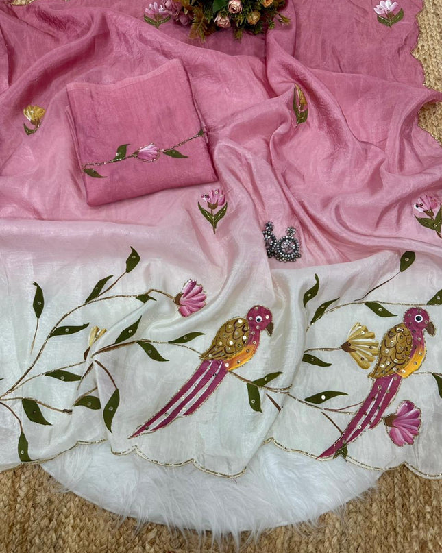 Parrot Brush Printed Gold Crush Saree