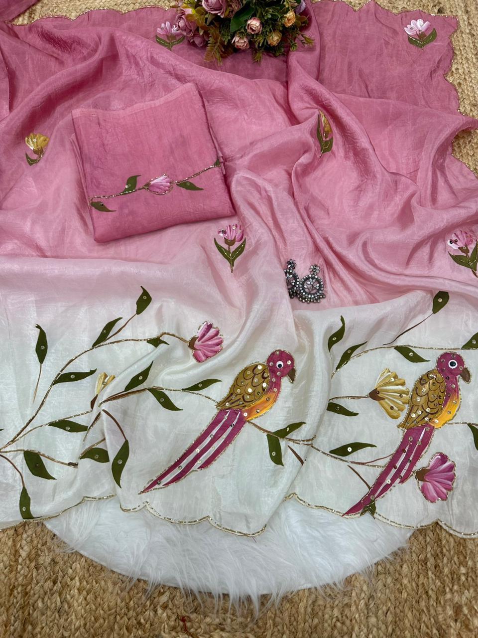 Parrot Brush Printed Gold Crush Saree